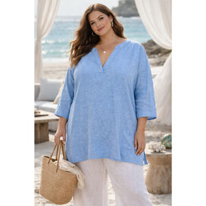 Lands End Womens Linen Top XL Blue 3/4 Sleeve Coastal Resortwear Lagenlook Lagom